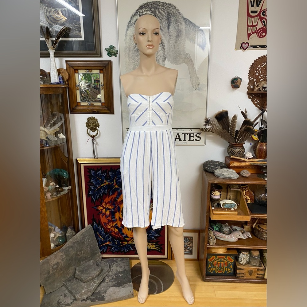 White and Blue Beach Stripes Strapless Bustier Jumpsuit